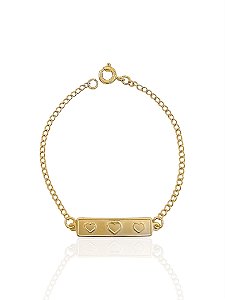 Pulseira Infantil Plaquinha com Corações 15cm - Banho de ouro 18k