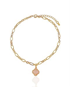 Tornozeleira Trevo Rosa Elo Intercalado 25cm - Banho de Ouro 18k