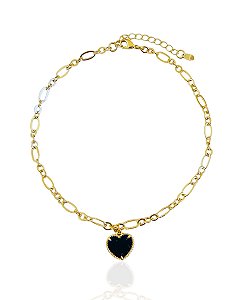 Tornozeleira Coração Preto Elo Intercalado 25cm - Banho de Ouro 18k