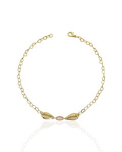 Tornozeleira Ponto de Luz Rosa Navete e Búzios Elo Coração 27cm - Banho de Ouro 18k