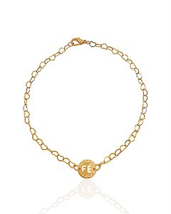 Tornozeleira Plaquinha Fé Vazada Elos de Coração 23cm - Banho de Ouro 18k