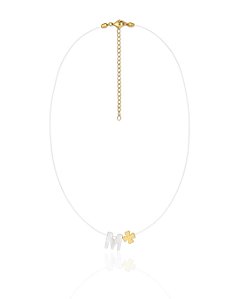 Colar Choker de Nylon c/ Letra Madrepérola e Trevo 35cm - Banho de Ouro 18k