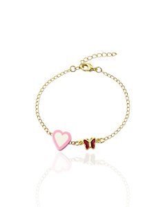 Pulseira Infantil Borboleta Rosa e Coração 15cm - Banho de Ouro 18k