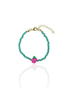 Pulseira Infantil Cristal Verde c/ Moranguinho 13cm - Banho de Ouro 18k
