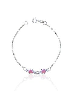 Pulseira Infantil 2 Zircônias Rosa Elo Português 18cm - Prata 925