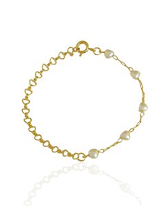 Pulseira Infantil Coração Perolado com Elos de Coração 15cm - Banho de ouro 18k