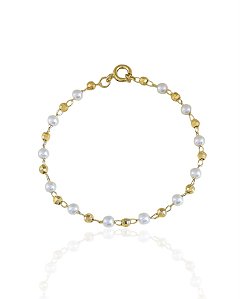 Pulseira Infantil Pérolas e Bolinhas Diamantadas 15cm - Banho de ouro 18k