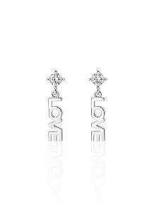 Brinco Ponto de Luz Zircônia c/ Pingente Love 1,8cm - Prata 925