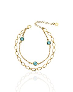 Pulseira Dupla Elos com Pontos de Luz Azul 17cm - Banho de Ouro 18k