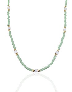 Colar Chocker Cristal verde c/ Pontos Madrepérola e Bolinhas 35cm - Banho de Ouro 18k