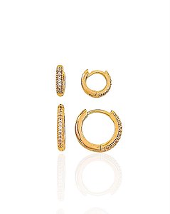 Brinco Duo de Argolinha Cravejada - Banho de Ouro 18k