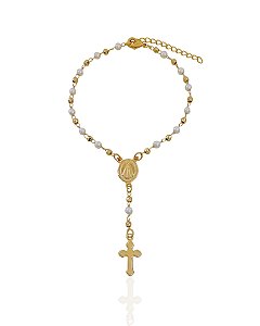 Pulseira Terço com Perolas e Bolinhas 18cm - Banho de ouro 18k