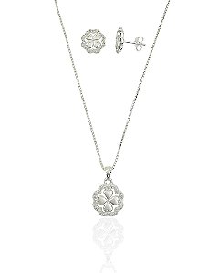 Conjunto Colar + Brinco Trevo Cravejado 45cm - Prata 925