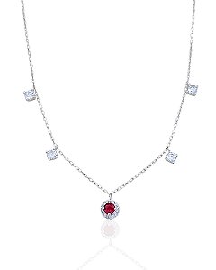 Colar Zircônia Pink Cravejada e 4 Ponto de Luz Elo Português 45cm - Prata 925