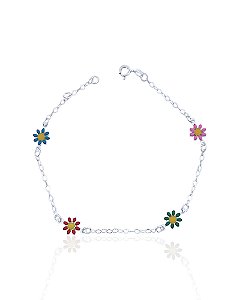 Pulseira 4 Flores Resina Colorida Elo Português 21cm - Prata 925