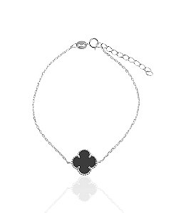 Pulseira Trevo Resina Preto Elo Cartier 17cm - Prata 925