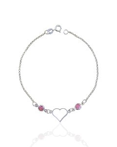 Pulseira Coração 2 Zircônias Rosa 18cm - Prata 925