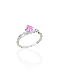 Anel Solitário Coração Vazado Zircônia Rosa - Prata 925