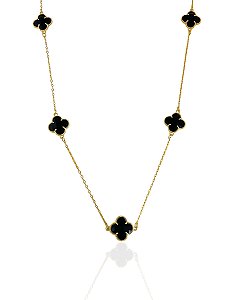 Colar Longo 5 Trevos Preto 60cm - Banho Ouro 18k