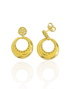 Brinco Círculo Pendurado Vazado Cravejado - Banho de Ouro 18k