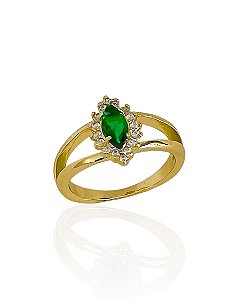 Anel Navete Esmeralda Cravejado com Zircônias Cristal - Banho de Ouro 18k