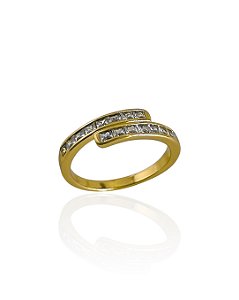 Anel 2 Linhas Paralelas Cravejadas com Zircônias Cristal - Banho de Ouro 18k