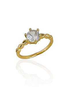 Anel Solitário com Zircônia Cristal e Gotas nas Laterais - Banho de Ouro 18k