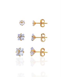 Brinco Trio Zircônia Quadrada - Banho de Ouro 18k