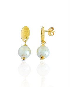 Brinco Base oval com Pingente de Perola - Banho de Ouro 18k