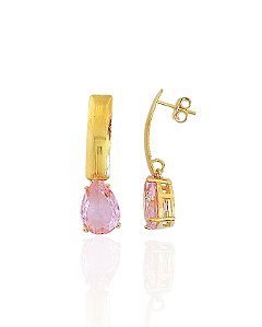 Brinco Base com Gota Zircônia Rosa - Banho de Ouro 18k
