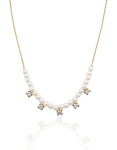 Colar Pérolas com 5 Pontos de Luz 45cm - Banho de Ouro 18k