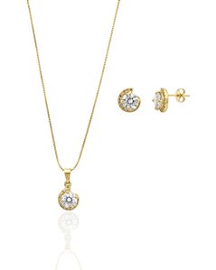 Conjunto Colar + Brinco Ponto de Luz c/ Borda - Banho de Ouro 18k