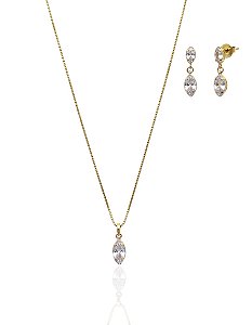 Conjunto Colar + Brinco Zircônia Cristal Navete - Banho de Ouro 18k