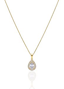 Colar Gota Zircônia Cristal com Borda Cravejada - Banho de Ouro 18k