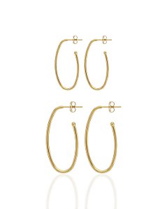 Brinco Duo de Argolas Ovais Lisas - Banho de Ouro 18k
