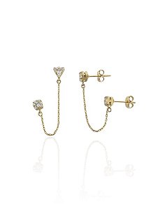 Brinco Duplo com Corrente e Pontos de Luz - Banho de Ouro 18k