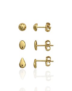 Brinco Trio Meia Bola, Oval e Gota - Banho de Ouro 18k