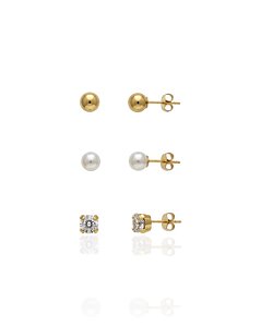 Brinco Trio Bolinha, Pérola e Ponto de luz - Banho de Ouro 18k