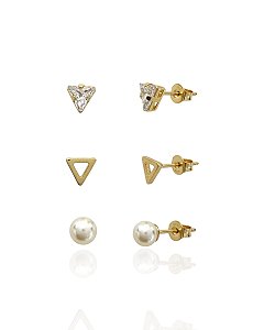 Brinco Trio Triângulo Zircônia, Triângulo Vazado e Pérola - Banho de Ouro 18k