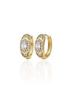 Brinco Argolinha c/ Desenho Cravejada e Zircônia Navete - Banho de Ouro 18k