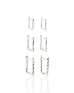 Brinco Trio Argolinha Quadrada Cravejada - Prata 925