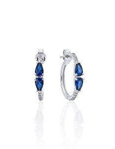Brinco Argolinha Cravejada c/ 2 Zircônias Gota Azul 1,6cm - Prata 925