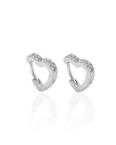 Brinco Argola Click Coração Cravejada 1,3cm - Prata 925