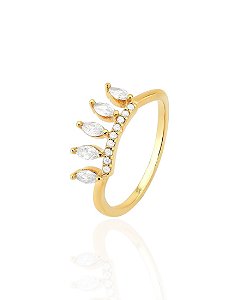 Anel Coroa Navete Cravejada - Banho de Ouro 18k