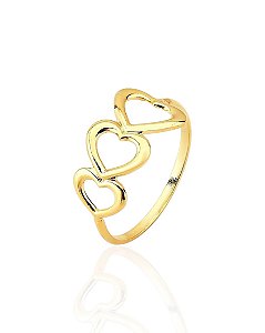 Anel Falange 3 Corações Vazados - Banho de Ouro 18k