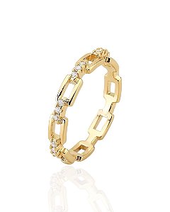Anel Corrente Cravejada Vazada - Banho de Ouro 18k