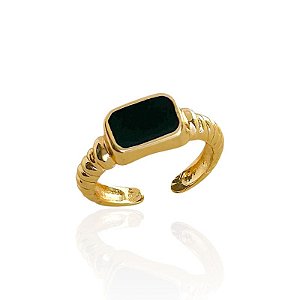 Anel Regulável Quadrado de Resina Preto - Banho de Ouro 18k