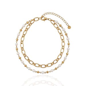 Pulseira Dupla Elos com Pérolas e Bolinhas - Banho Ouro 18k