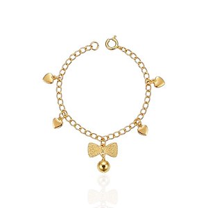 Pulseira Infantil Laço e Corações - Banho Ouro 18k