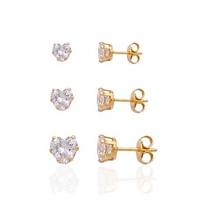 Brinco Trio Zircônia Coração Caixa Alta - Banho de Ouro 18k